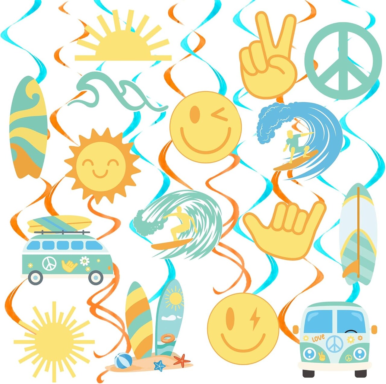 20PCS Boho Surfing Hanging Swirls – Retro Hippie Surf Party Decorations, Surf Themed Birthday & Baby Shower Ceiling Swirls, Groovy Summer Party Supplies